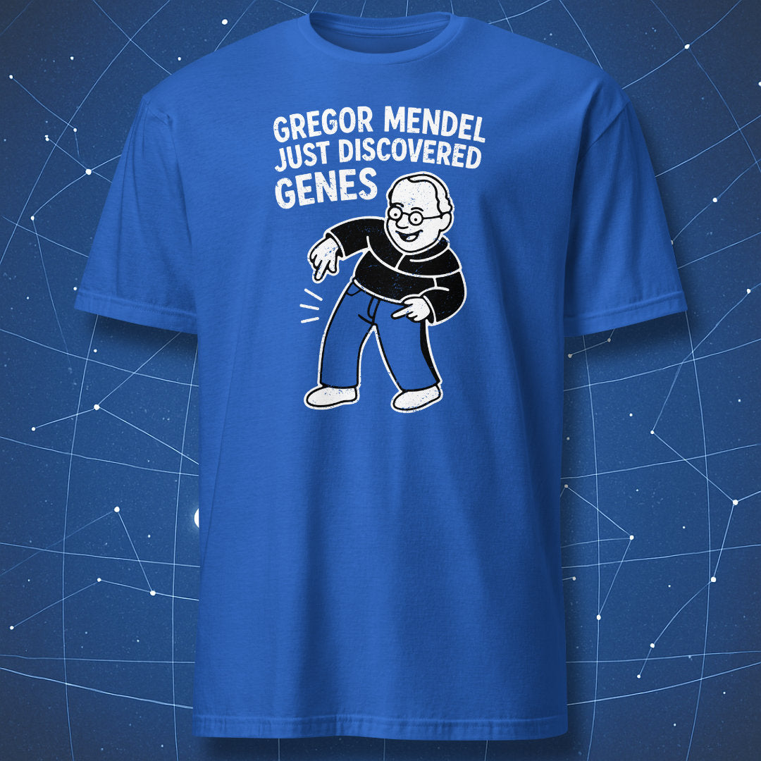 Royal blue T-shirt with cartoon Mendel pointing at jeans and text “Just Discovered Genes” – humorous biology pun shirt by DorkMatter.