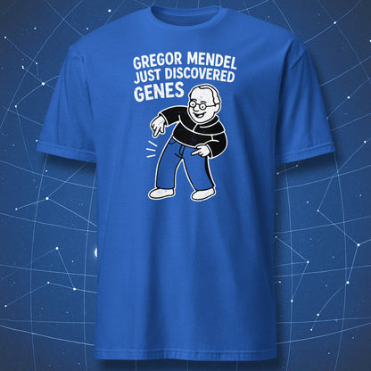 Royal blue T-shirt with cartoon Mendel pointing at jeans and text “Just Discovered Genes” – humorous biology pun shirt by DorkMatter.
