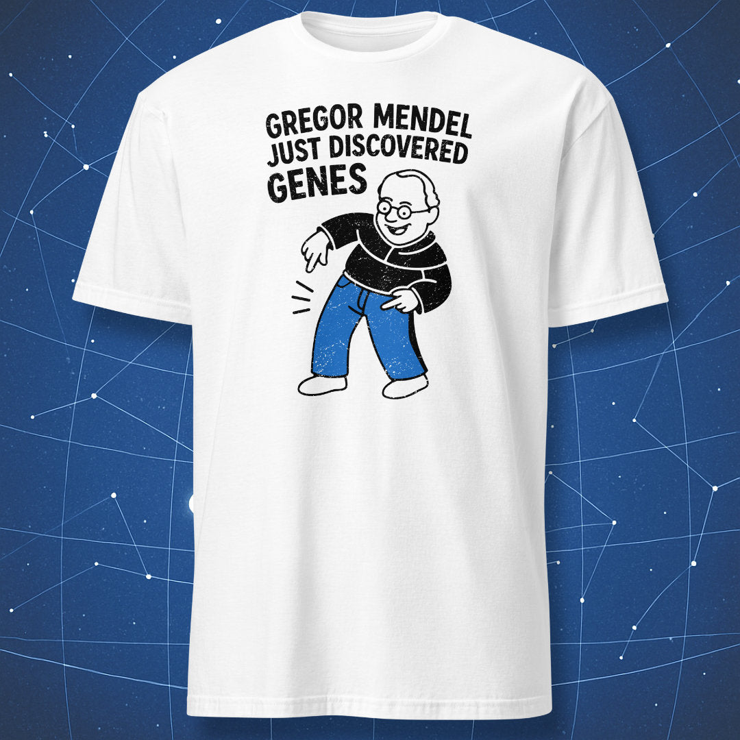 White T-shirt with black-outlined Mendel cartoon and “Just Discovered Genes” text – funny genetics and science humor shirt by DorkMatter.