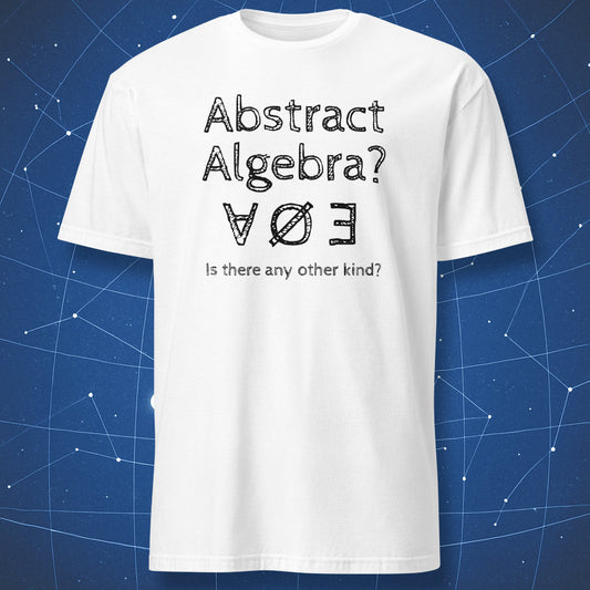 White T-shirt with text “Abstract Algebra? Is there any other kind?” using logical math symbols – funny math humor shirt by DorkMatter.