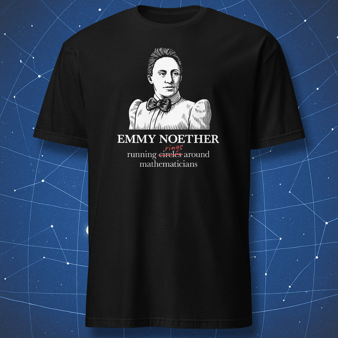Black T-shirt with white Emmy Noether illustration and “running rings around mathematicians” text – funny science and math T-shirt by DorkMatter.
