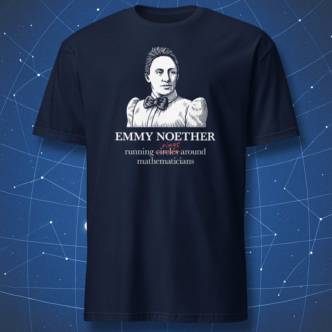 Navy T-shirt with white Emmy Noether graphic and algebra pun text – funny physics and mathematics shirt by DorkMatter.