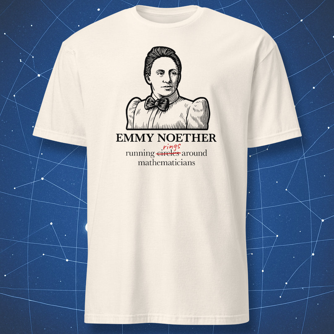 Natural color T-shirt with black Emmy Noether illustration and algebra pun “running rings around mathematicians” – funny science and math T-shirt by DorkMatter.