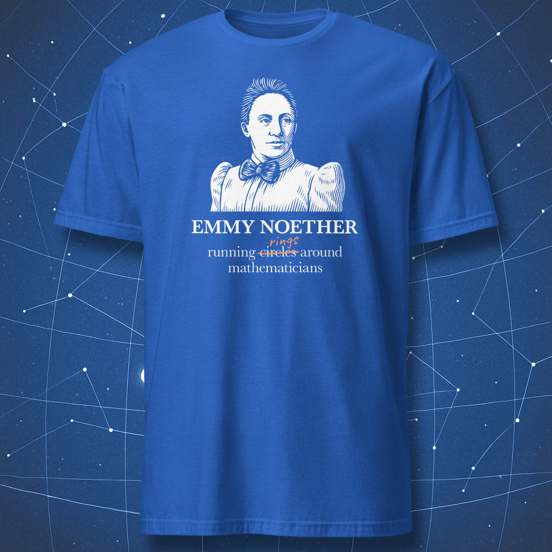 Royal blue T-shirt with white Emmy Noether portrait and humorous “running rings around mathematicians” quote – math humor T-shirt by DorkMatter.