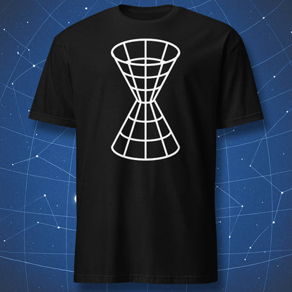 Black T-shirt with white wireframe light cone diagram symbolizing spacetime – minimalist physics art design by DorkMatter.