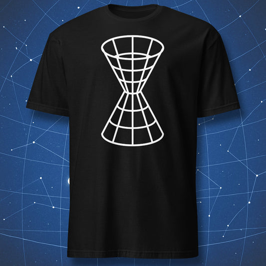 Black T-shirt with white wireframe light cone diagram symbolizing spacetime – minimalist physics art design by DorkMatter.