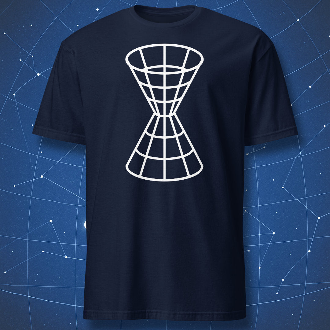 Navy T-shirt with geometric 3D light cone illustration – minimalist relativity science shirt by DorkMatter.