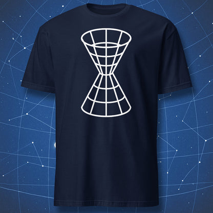 Navy T-shirt with geometric 3D light cone illustration – minimalist relativity science shirt by DorkMatter.