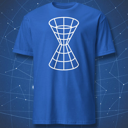 Royal blue T-shirt with white light cone grid design – spacetime and physics-inspired minimalist art T-shirt by DorkMatter.