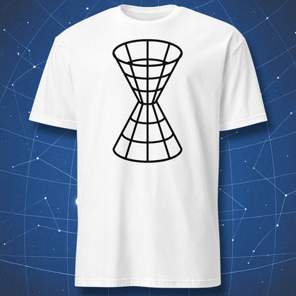 White T-shirt with black wireframe light cone representing time and spacetime geometry – minimalist relativity shirt by DorkMatter.