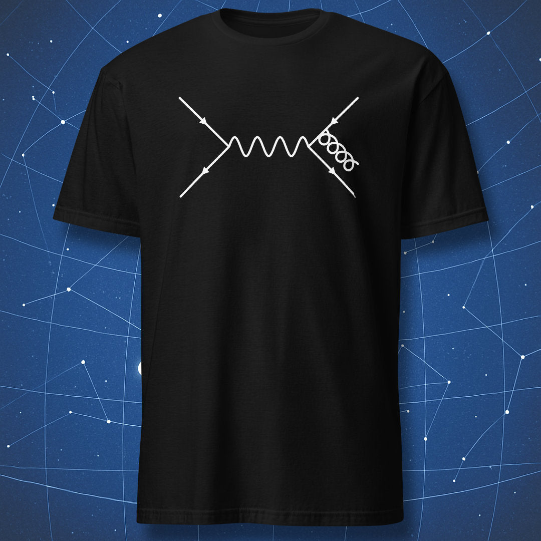 Black T-shirt with white minimalist Feynman diagram – particle physics and quantum mechanics design by DorkMatter.