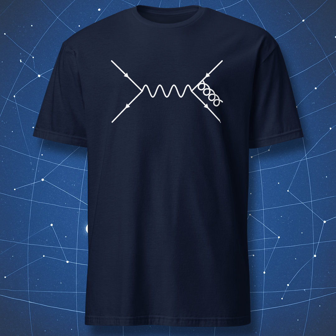 Navy T-shirt with simple white Feynman diagram lines – minimalist physics art shirt by DorkMatter.