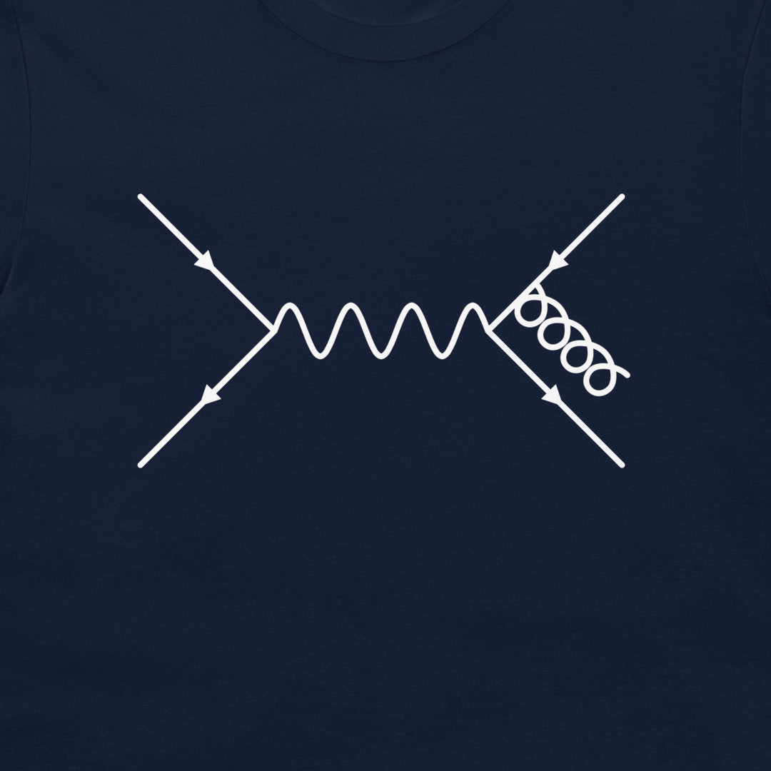 A close-up of a navy blue t-shirt featuring a white printed diagram of an electron interaction or scattering process.