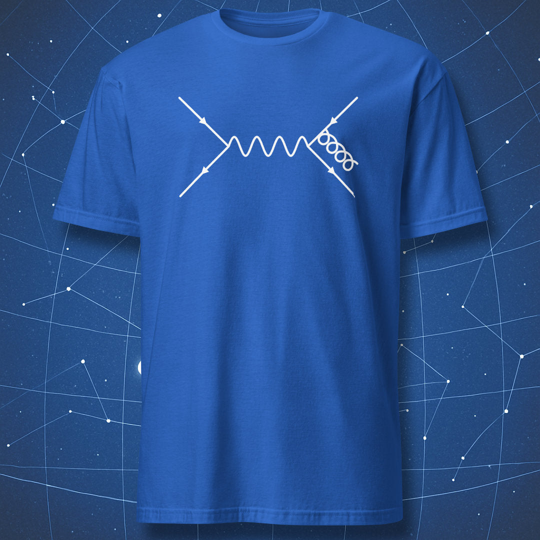 Royal blue T-shirt with white Feynman diagram showing particle interaction – minimalist quantum physics shirt by DorkMatter.