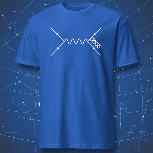 Royal blue T-shirt with white Feynman diagram showing particle interaction – minimalist quantum physics shirt by DorkMatter.