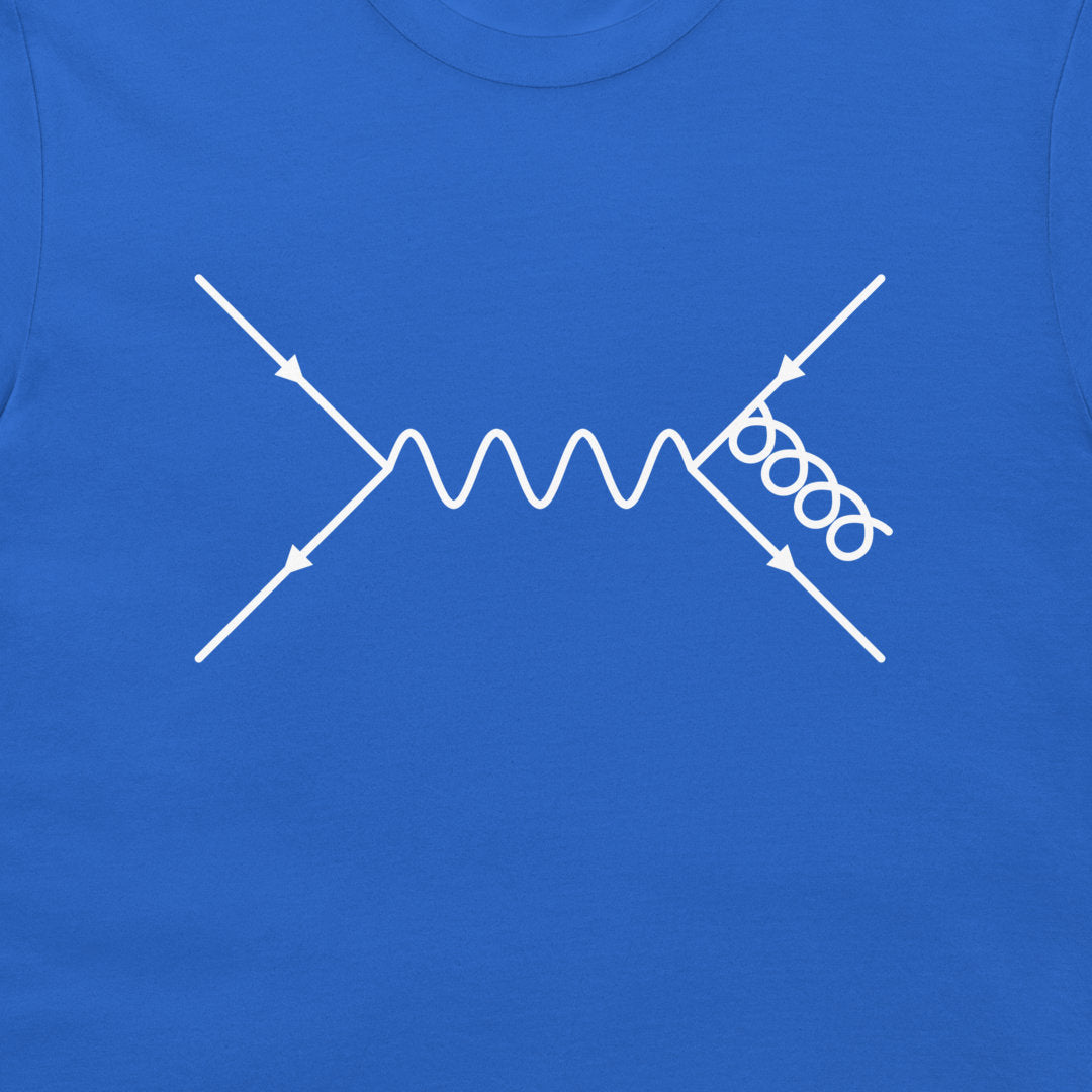 A close-up of a bright blue t-shirt featuring a white printed diagram of a particle physics interaction, specifically showing incoming and outgoing paths with a wavy line in the center and a spiral vertex on the right.