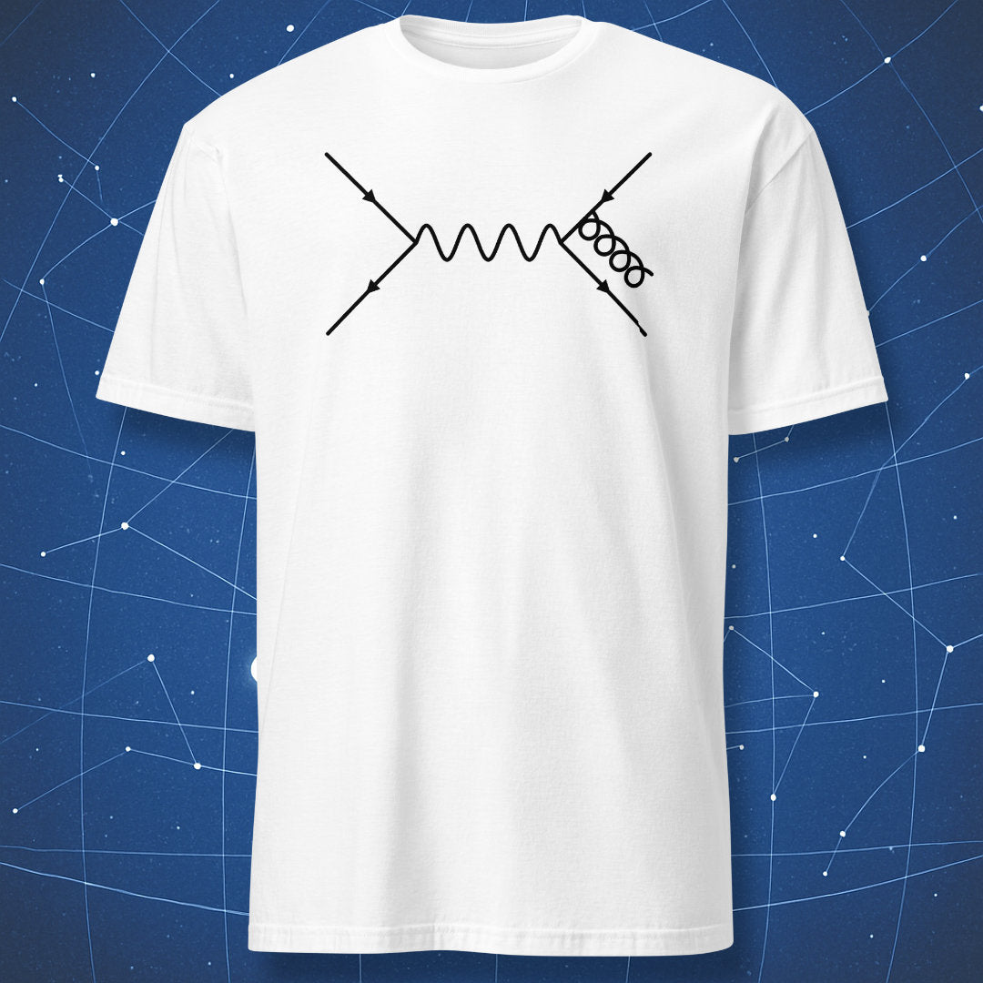 White T-shirt with black minimalist Feynman diagram – quantum mechanics and physics art design by DorkMatter.