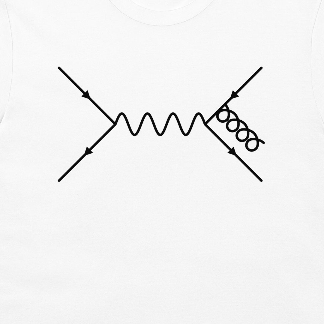 A white crewneck t-shirt featuring a black line-art schematic of a particle collider, showing two incoming beams splitting into a central wavy line and a right-side ring of circular loops.