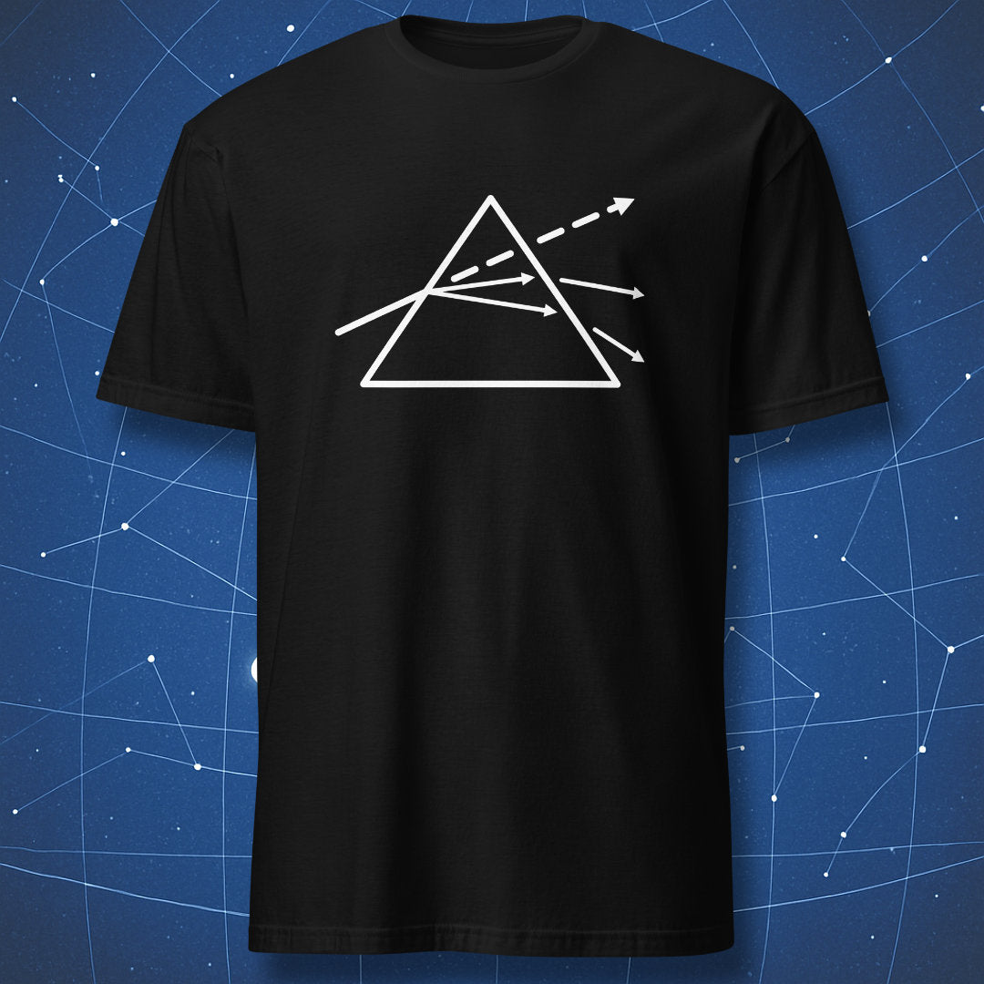 Black T-shirt with minimalist white prism diagram showing light diffraction – physics and optics shirt by DorkMatter.