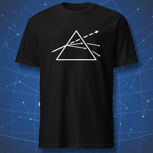 Black T-shirt with minimalist white prism diagram showing light diffraction – physics and optics shirt by DorkMatter.