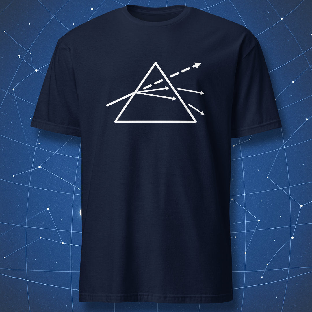 Navy T-shirt with simple geometric prism and light refraction lines – minimalist science design by DorkMatter.