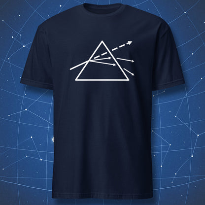 Navy T-shirt with simple geometric prism and light refraction lines – minimalist science design by DorkMatter.