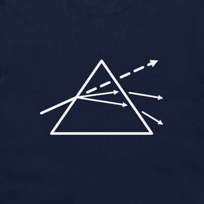 A close-up of a navy blue t-shirt featuring a white line-art graphic of a prism with light rays passing through it.