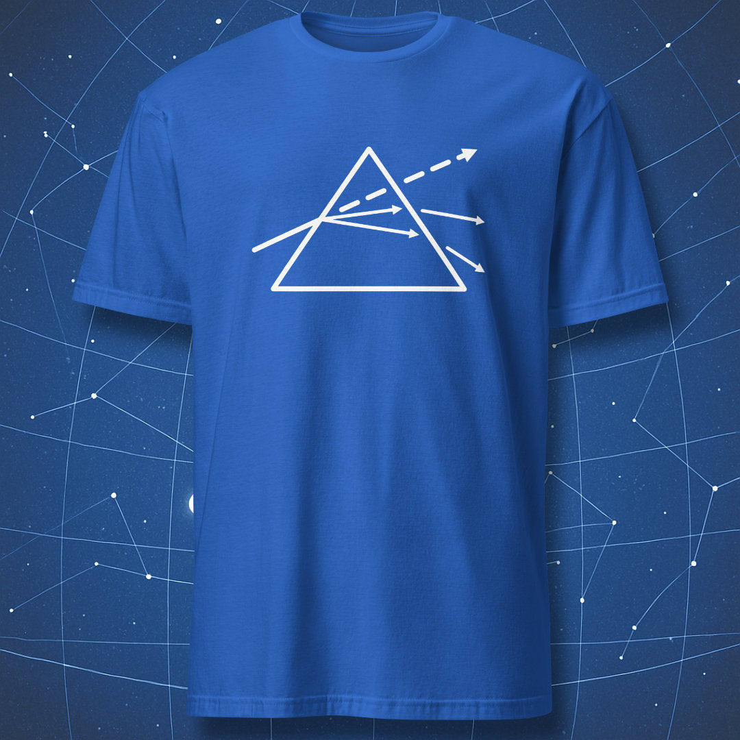 Royal blue T-shirt with white triangle prism and light beam illustration – physics-inspired T-shirt by DorkMatter.