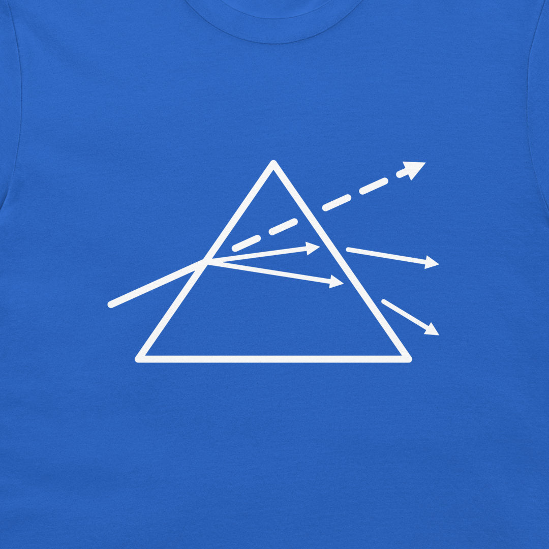 A close-up of a bright blue T-shirt featuring a white graphic of a prism with light rays passing through it.