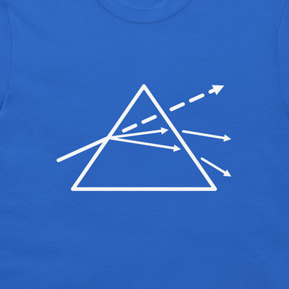 A close-up of a bright blue T-shirt featuring a white graphic of a prism with light rays passing through it.