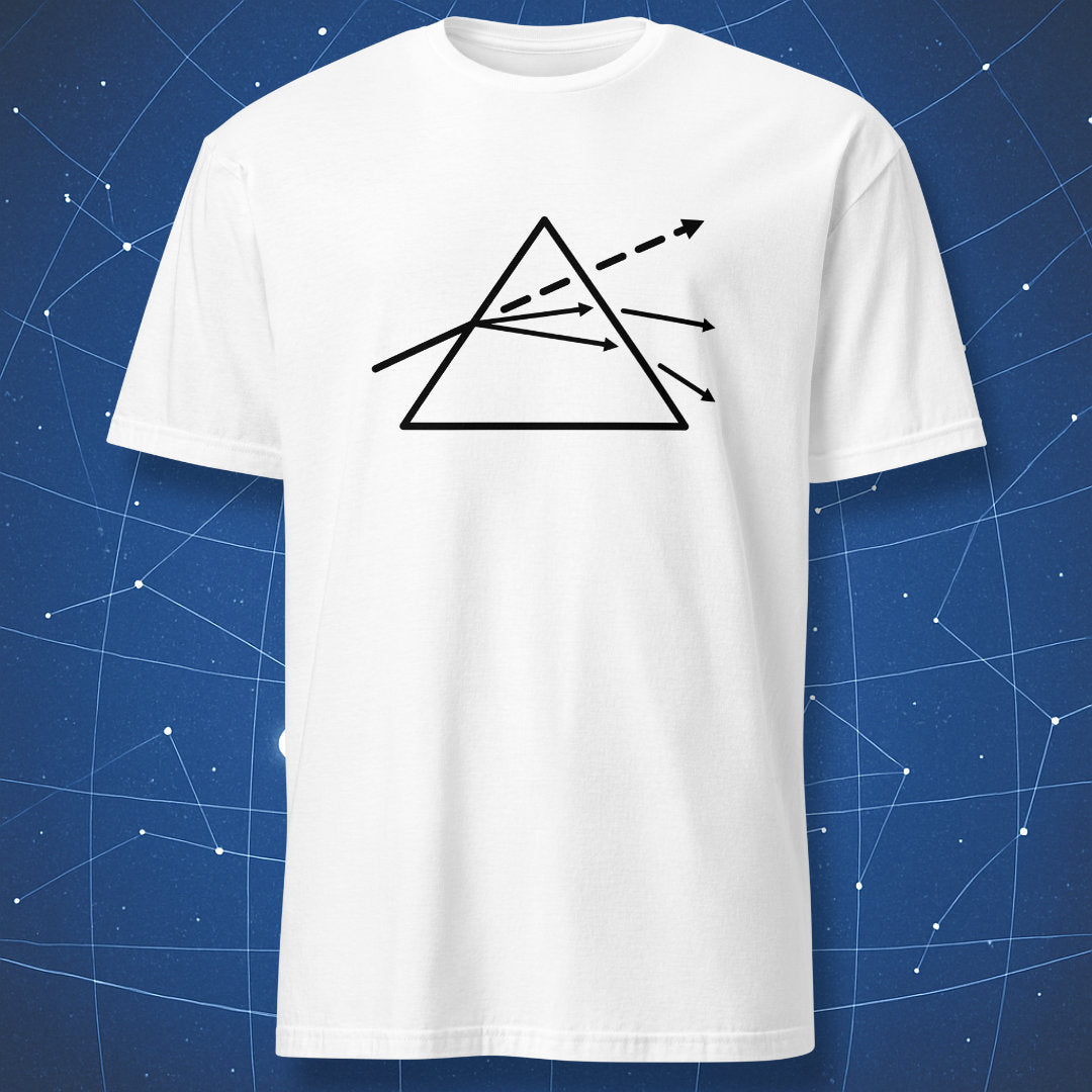 White T-shirt with black prism and light diffraction diagram – minimalist optics and science art shirt by DorkMatter.