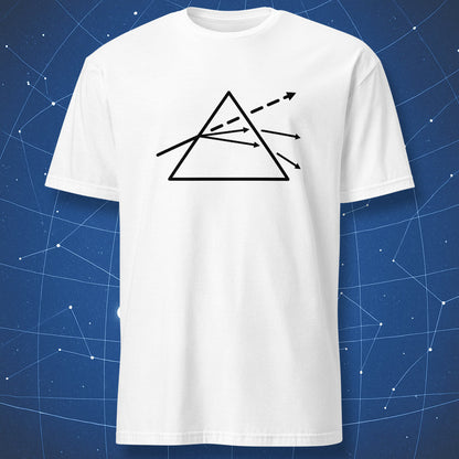 White T-shirt with black prism and light diffraction diagram – minimalist optics and science art shirt by DorkMatter.