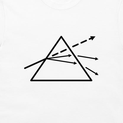 A white long-sleeve t-shirt featuring a black graphic print of a prism with light rays passing through it.