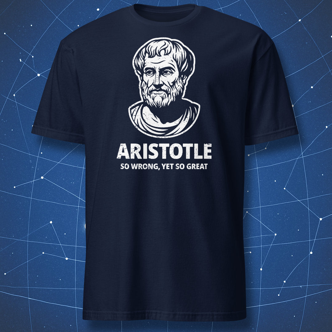Navy T-shirt with distressed Aristotle portrait and text “So Wrong, Yet So Great” – funny academic humor tee by DorkMatter.