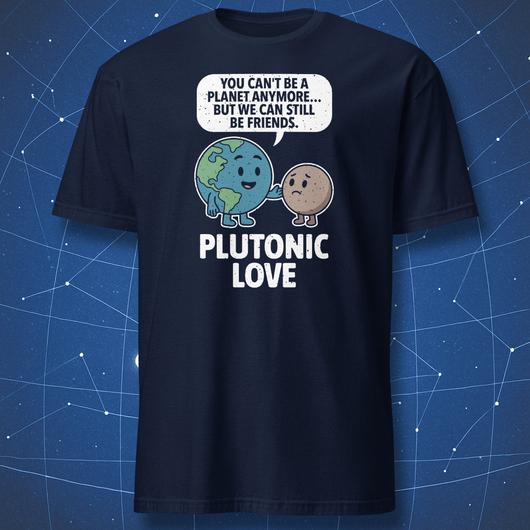 Navy T-shirt with cute Earth and Pluto cartoon design and quote about staying friends – funny space humor shirt by DorkMatter.