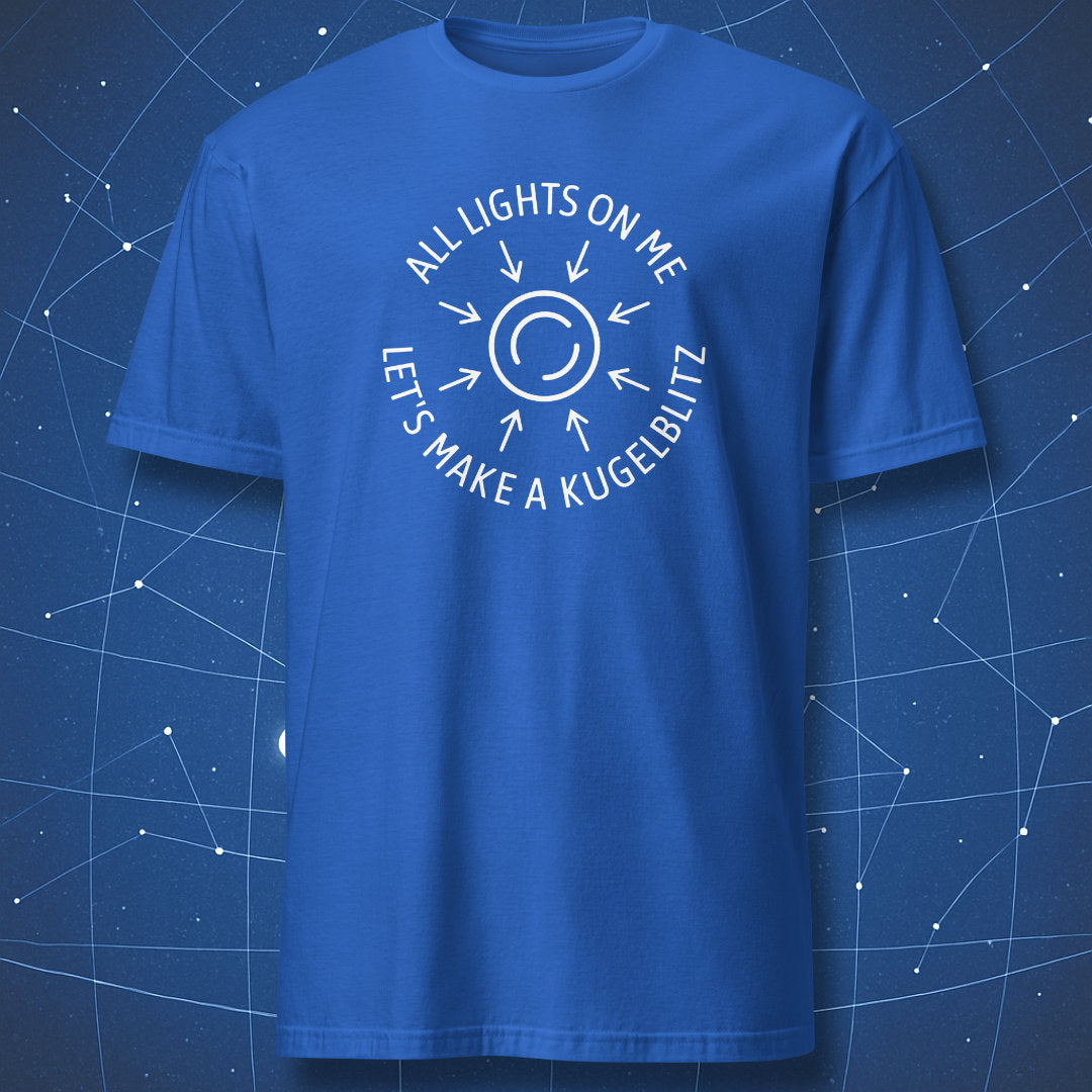 Royal blue T-shirt with white circular arrows forming a Kugelblitz design and humorous physics quote – space science shirt by DorkMatter.
