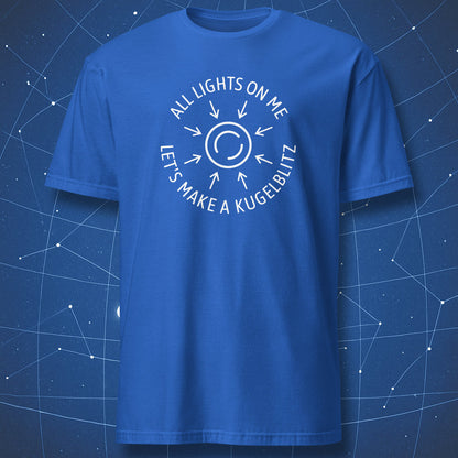 Royal blue T-shirt with white circular arrows forming a Kugelblitz design and humorous physics quote – space science shirt by DorkMatter.