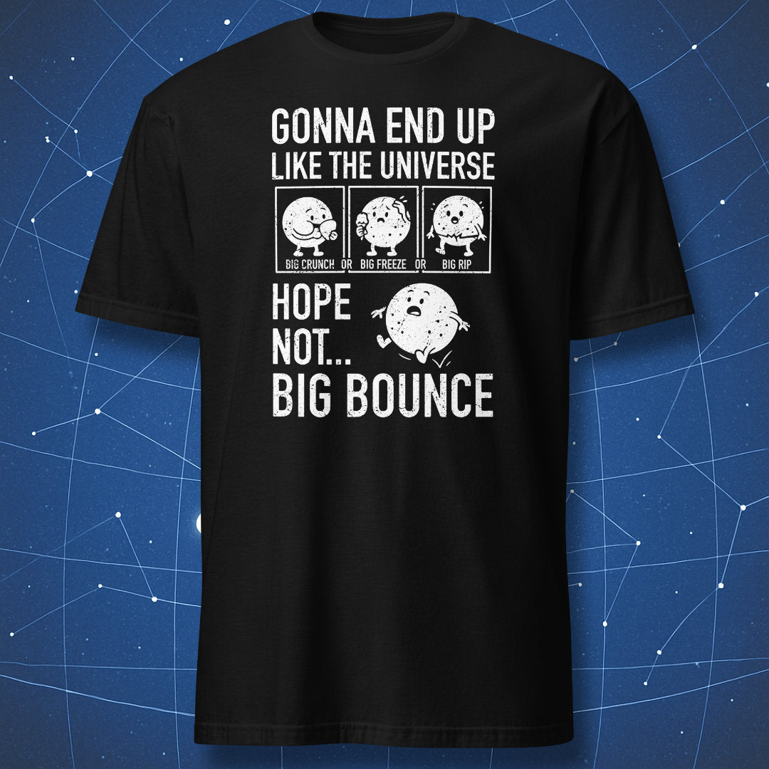 Black T-shirt with cartoon universe character eating chips, freezing with ice cream, ripping pants, and bouncing like a ball – funny cosmology humor shirt by DorkMatter.