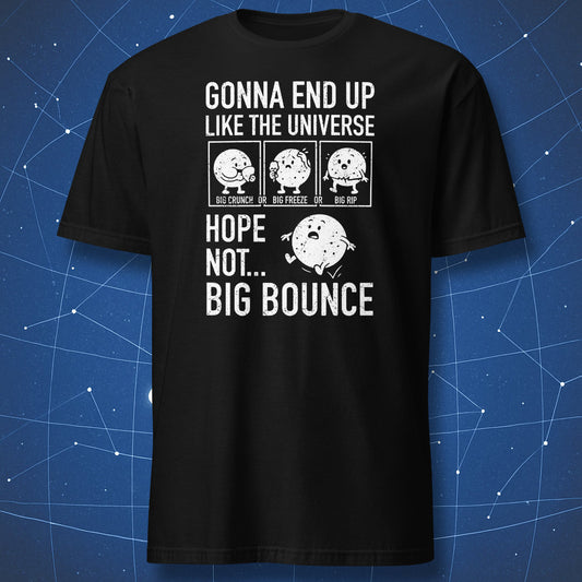 Black T-shirt with cartoon universe character eating chips, freezing with ice cream, ripping pants, and bouncing like a ball – funny cosmology humor shirt by DorkMatter.