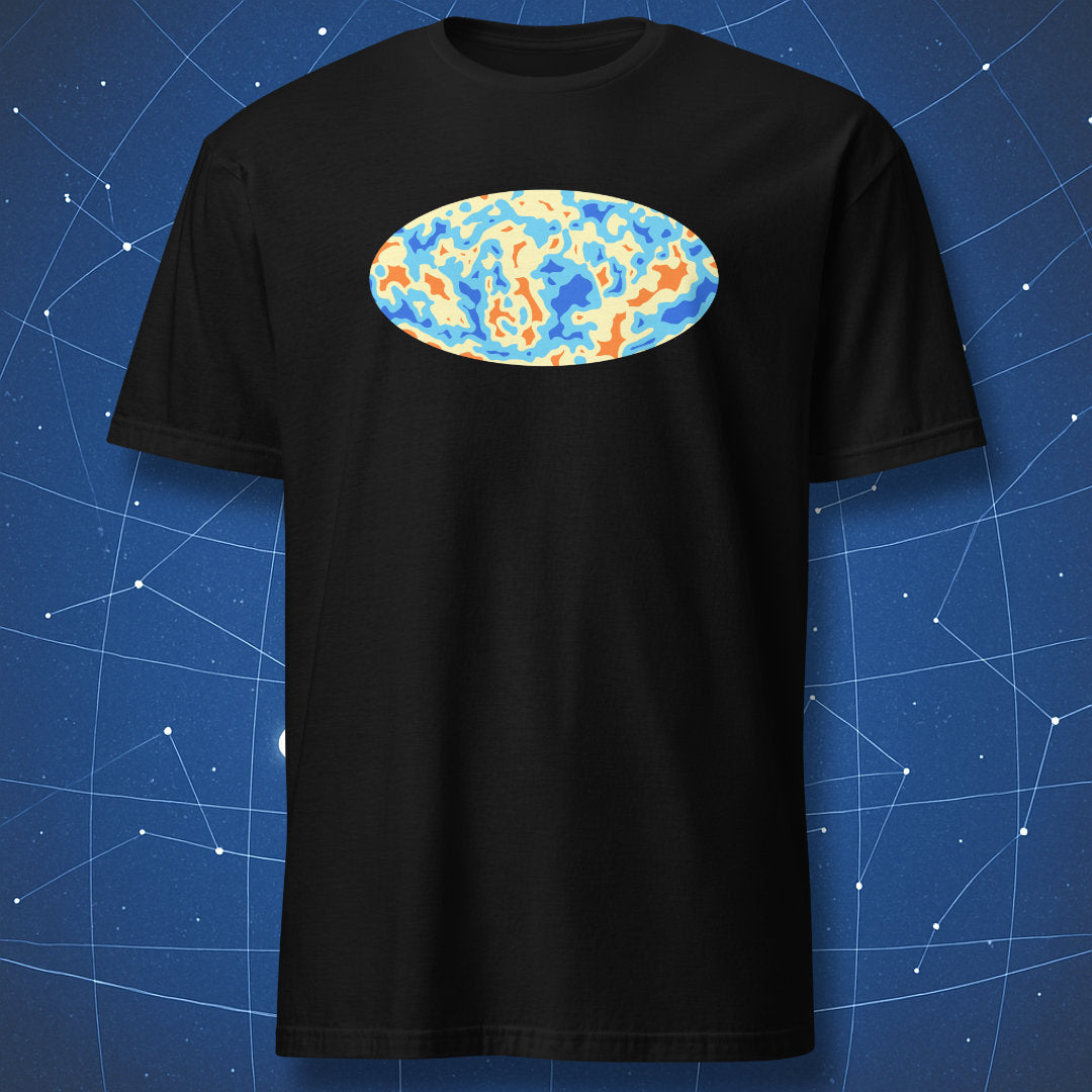 Black T-shirt with abstract oval map of the Cosmic Microwave Background Radiation – minimalist space science design by DorkMatter.
