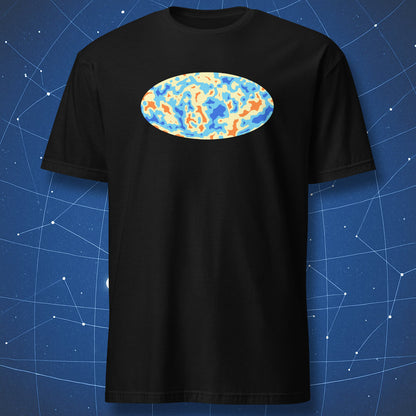 Black T-shirt with abstract oval map of the Cosmic Microwave Background Radiation – minimalist space science design by DorkMatter.