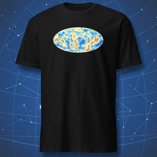 Black T-shirt with abstract oval map of the Cosmic Microwave Background Radiation – minimalist space science design by DorkMatter.