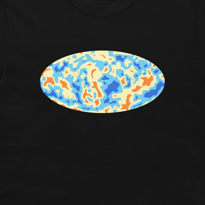 A close-up of a black t-shirt featuring a central oval graphic with an abstract, wavy pattern in light blue, navy blue, and orange on a cream background.