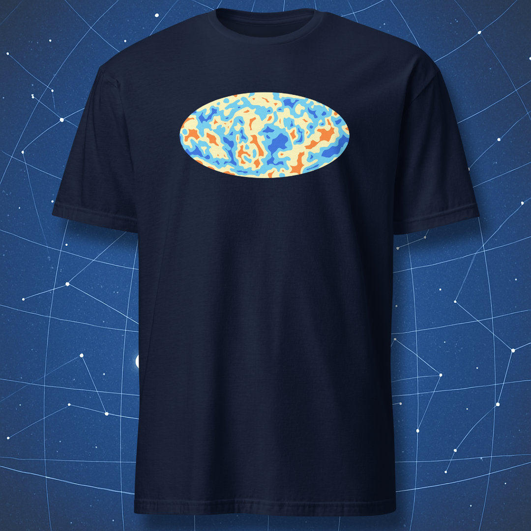 Navy T-shirt with colorful CMB pattern in oval form – abstract cosmology art design by DorkMatter.