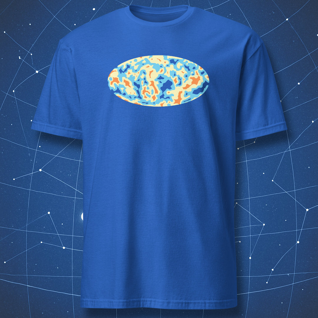 Royal blue T-shirt with geometric Cosmic Microwave Background graphic – minimalist space science T-shirt by DorkMatter.