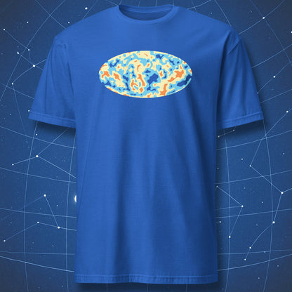 Royal blue T-shirt with geometric Cosmic Microwave Background graphic – minimalist space science T-shirt by DorkMatter.