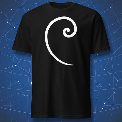 Black T-shirt with minimalist hand-drawn Fibonacci spiral design – golden ratio math shirt by DorkMatter.