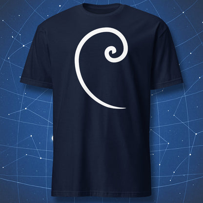 Navy T-shirt with simple single-line Fibonacci spiral graphic – minimalist geometry shirt by DorkMatter.