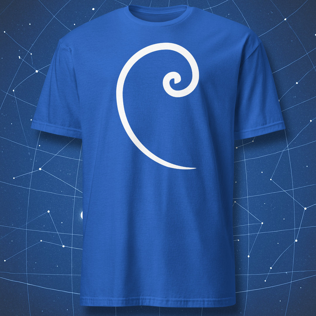 Royal blue T-shirt with white Fibonacci spiral drawn in one smooth motion – minimalist math design by DorkMatter.