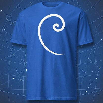 Royal blue T-shirt with white Fibonacci spiral drawn in one smooth motion – minimalist math design by DorkMatter.